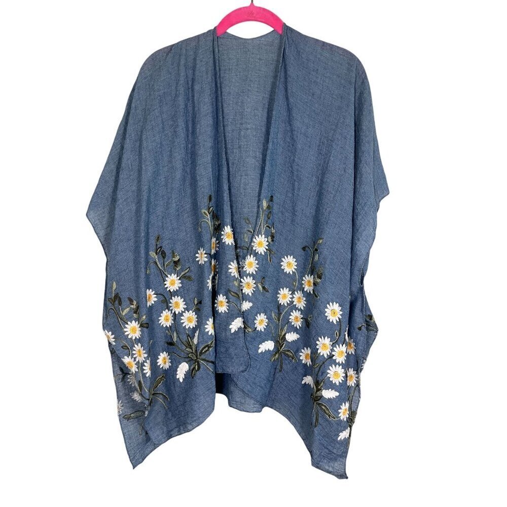 Floral Embroidery Kimono Blue Knit‎ Cottagecore Sunflower Retro Chic Country 80s